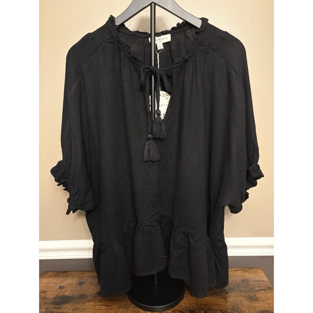 Women's UMGEE Black Boho Style Blouse Tie Tassels Linen Blend Size 1XL